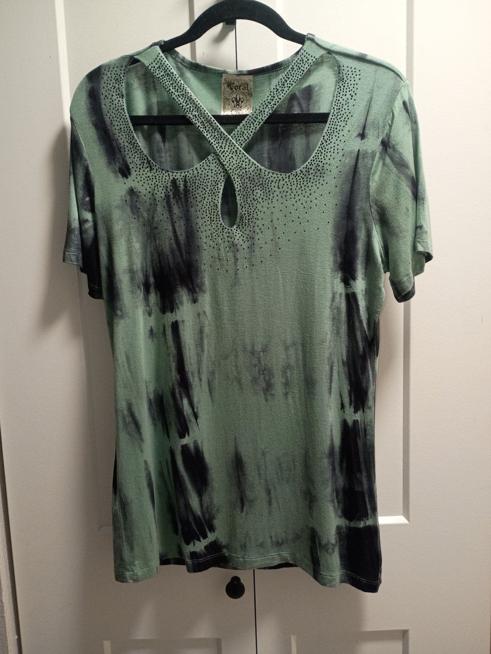 Local Sage Green & Black Tie-Dye Crisscross Keyhole Rhinestone Tee